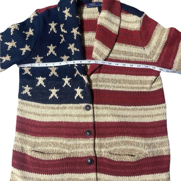 Ralph Lauren Polo Flag Cardigan Sweater Shawl Collar Americana Vintage Knit L - Picture 12 of 16